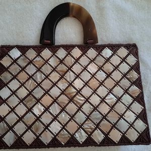 Mother of Pearl Handbag Purse with Tortoise Shell Faux Plastic Handles
